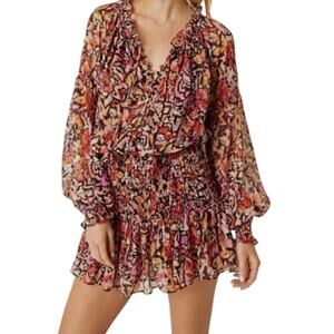 MISA Los Angeles Celina Red Fire Flora Sheer Long Sleeve Smocked Mini Dress NWT